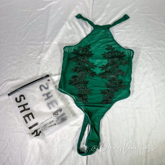 Shein Sheer Mesh Floral Embroidered Bodysuit Top Green - Picture 2 of 9